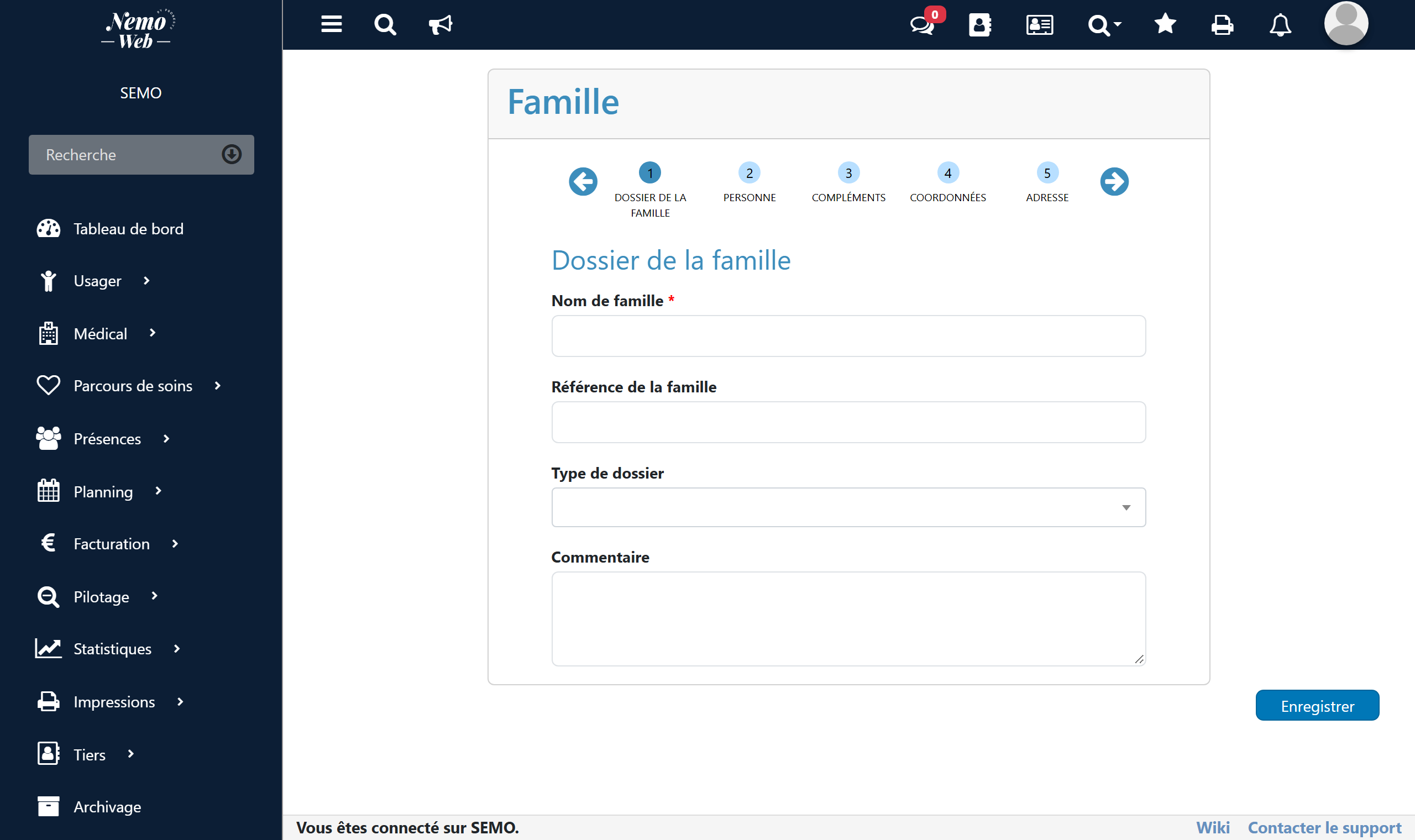 Étape 1 : dossier de la famille