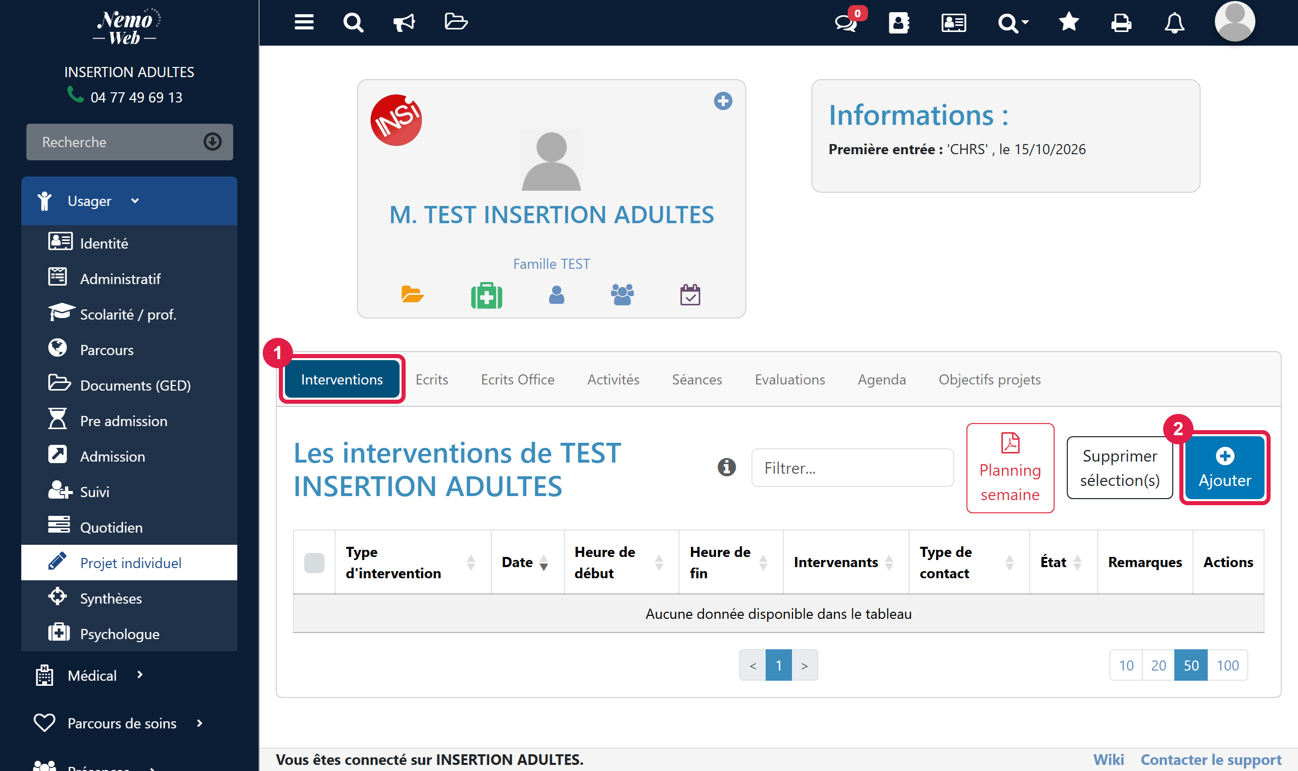 Interventions de l'usager