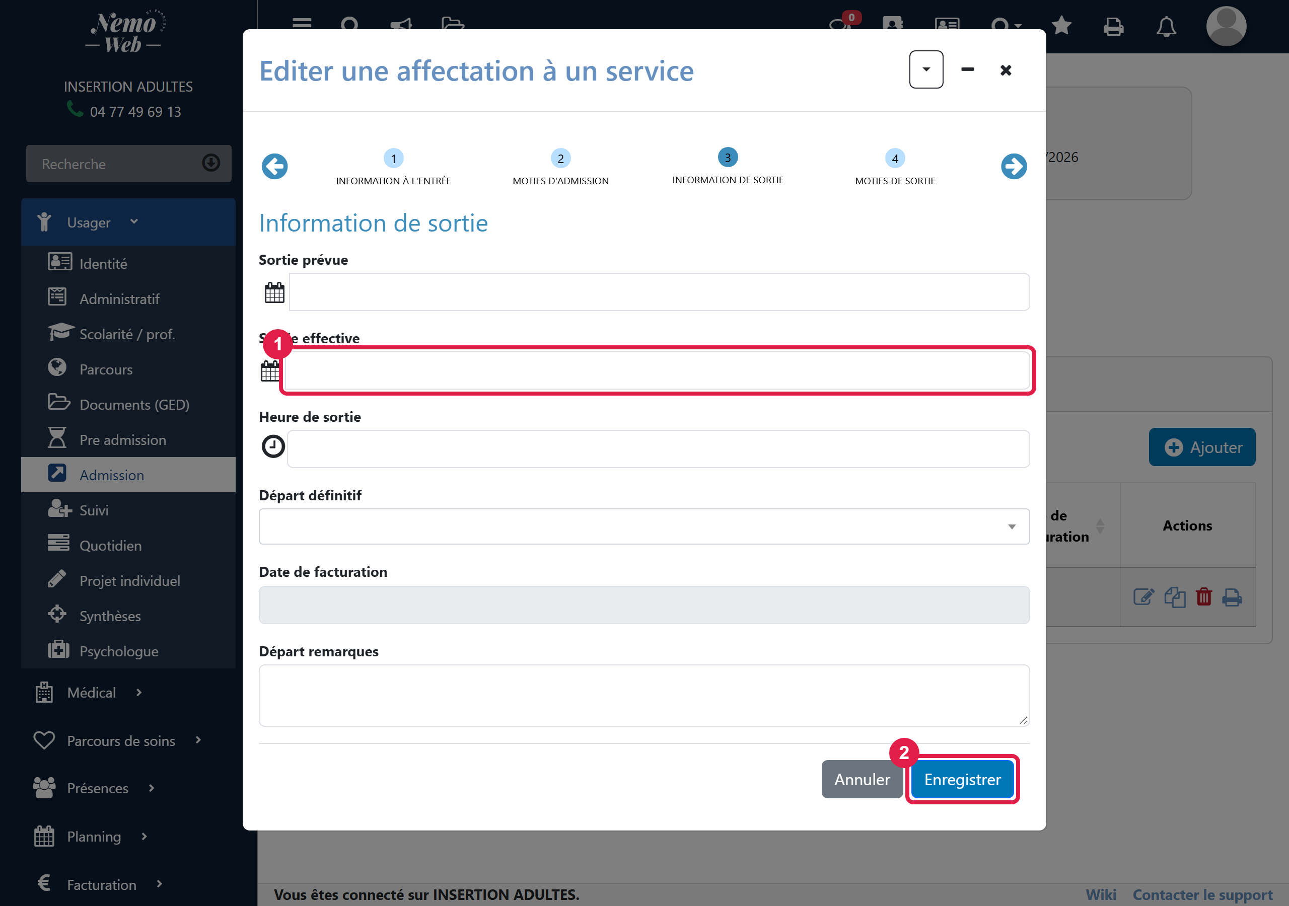Information de sortie du service